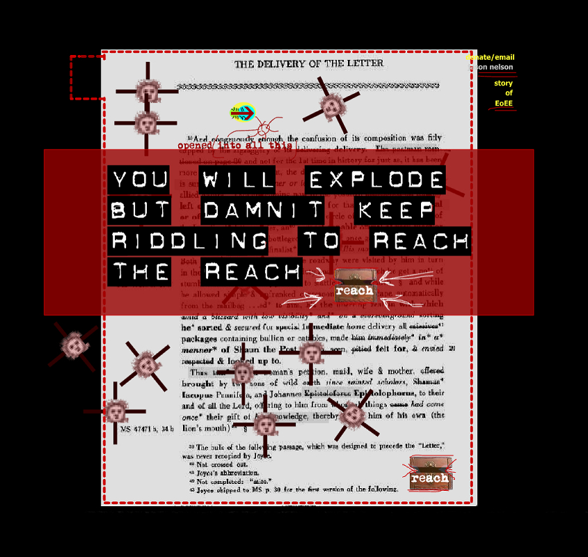 An old document overlayed by windmill-faces,a colorfull arrow, and a
                                        red text-box that reads in white, bold letters: 'YOU WILL EXPLODE, BUT DAMNIT KEEP RIDDLING TO REACH THE REACH'