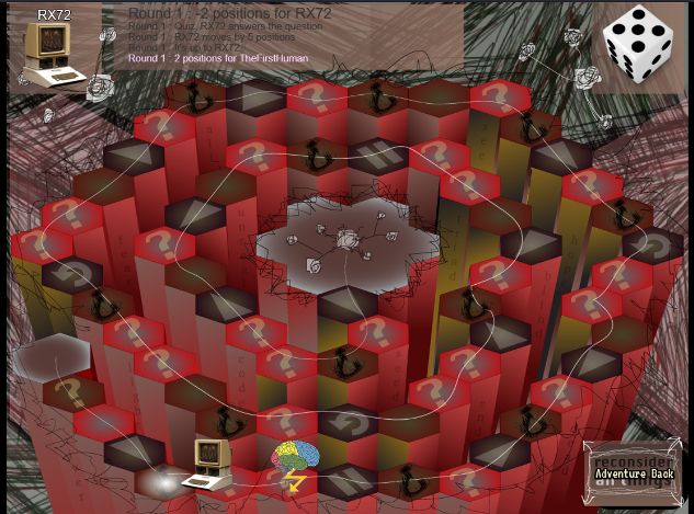 A hexagon shaped, red, gameboard covers the screen. There is a dice in one of the corners.