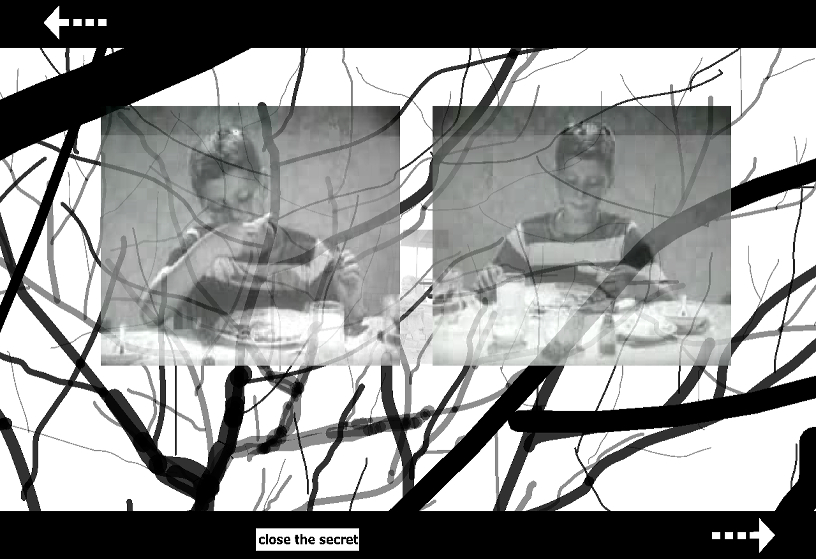 A black and white landscape reminiscent of threes overlayed by
                                    two images of a boy eating a sandwich.