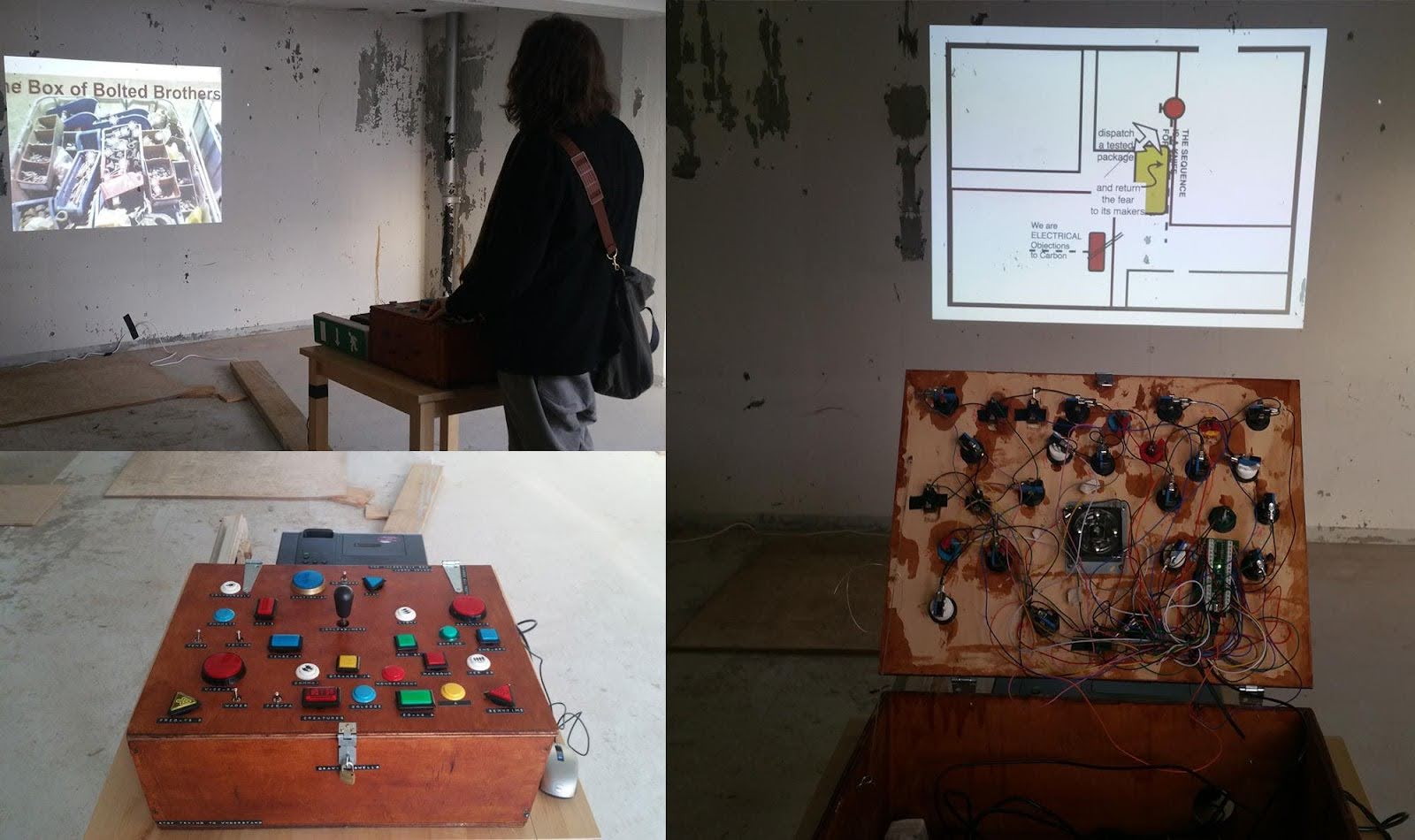 Three images showcasing a wooden box covered in colorful buttons and
                                        wires. The box stands in a barren room, and there are images projected on the wall.