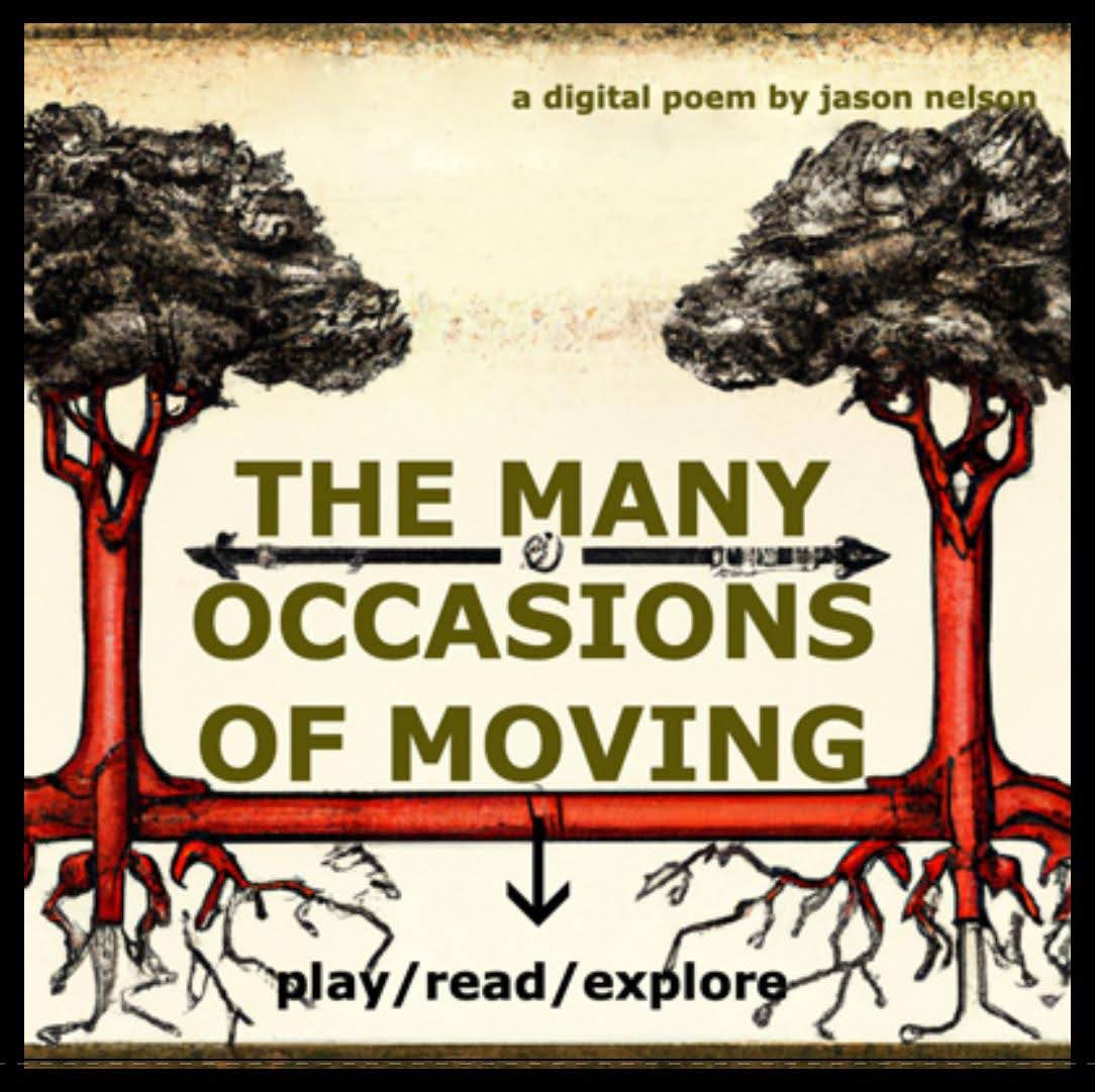 A front page that reads The Many Occasions of Moving. There are two, red trees with
                                        grey leaves connected by a red pipe. Three black arrows are placed in between the title text.