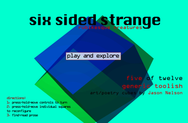 A green and blue cube drifts into one another and merges. The words 'Six Sided Strange'
                                            is written in black, bold letters.